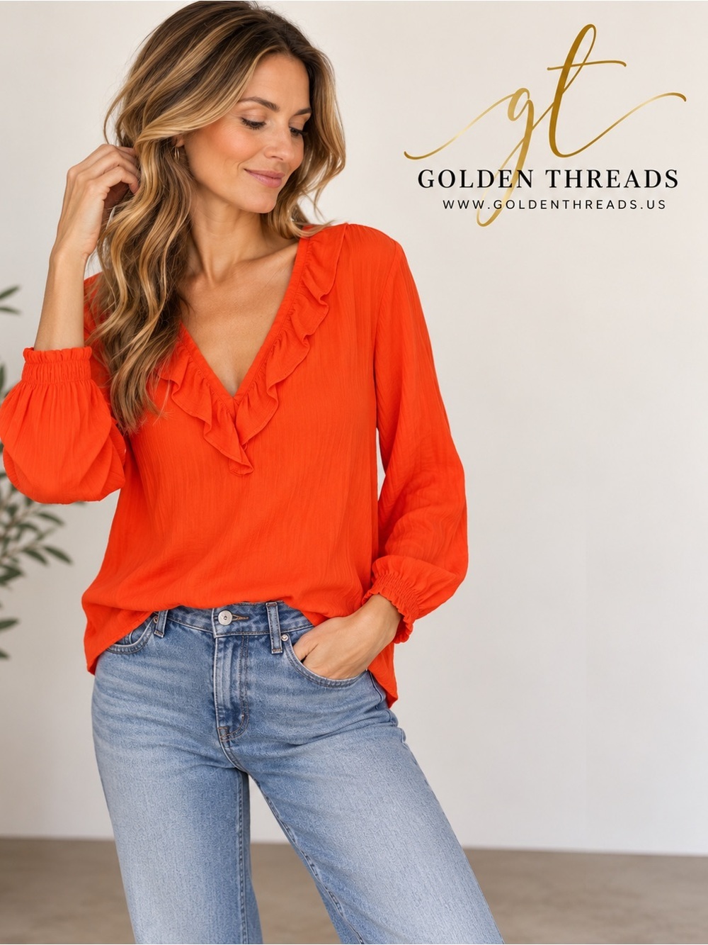 GT-55 Self Contrast Orange Ruffle V-Neck Long Sleeve Blouse S